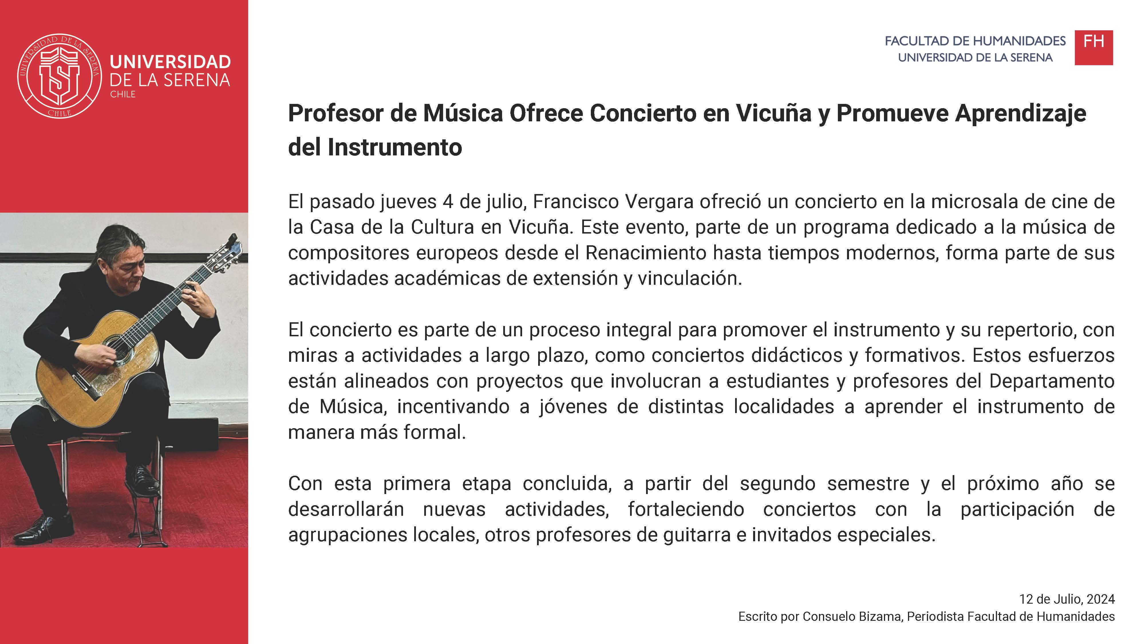 Profesor del Departamento de Música ofrece concierto en Vicuña y promueve aprendizaje del instrumento
