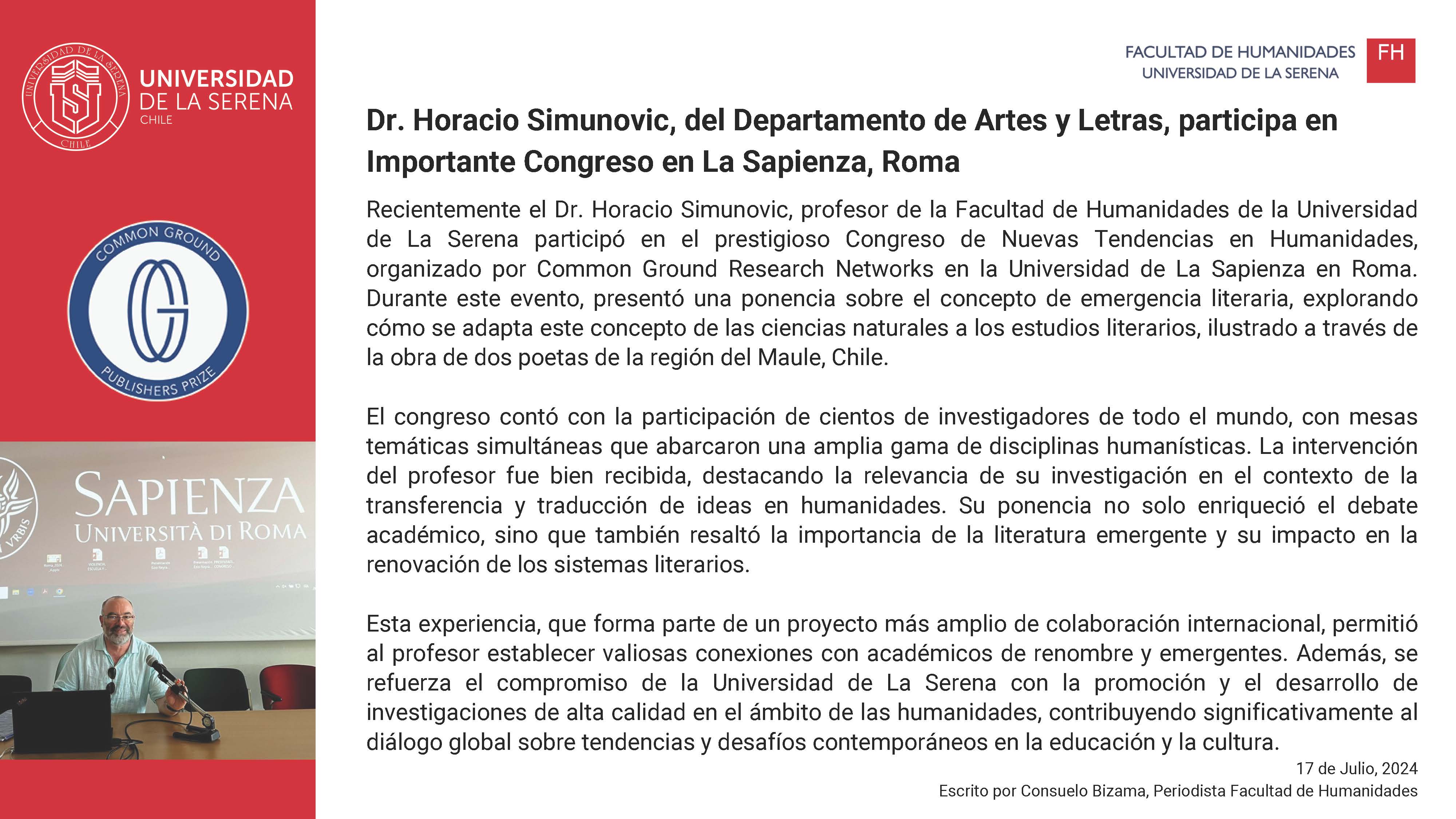 Dr. Horacio Simunovic, del Departamento de Artes y Letras, participa en Importante Congreso en La Sapienza, Roma