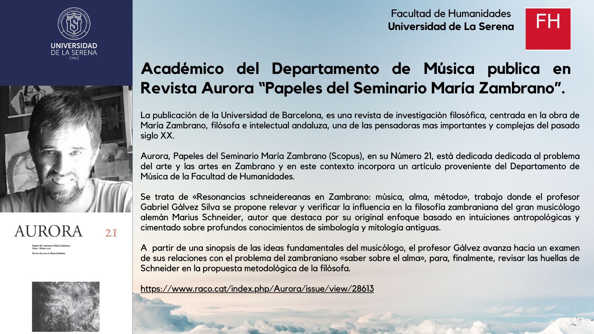 Académico del Departamento de Música publica en Revista Aurora “Papeles del Seminario María Zambrano”