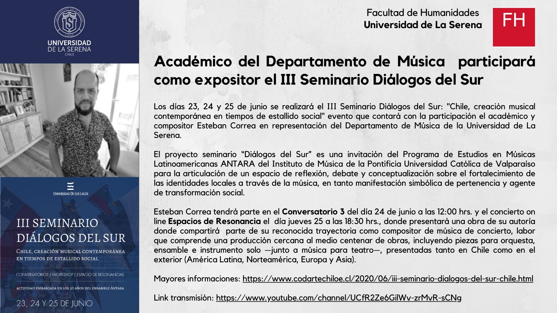 Académico del Departamento de Música participará como expositor el III Seminario Diálogos del Sur